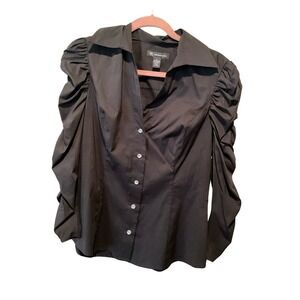 INC Button-Up Shirt Women's 8 Black Long Puff Sleeve Collared Diamond Buttons